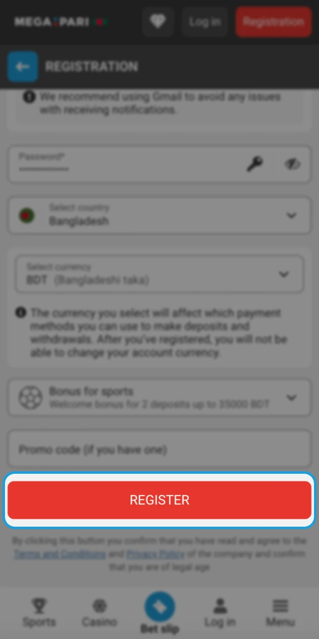 Confirm your registration in the Megapari online casino app and you can make your first deposit.